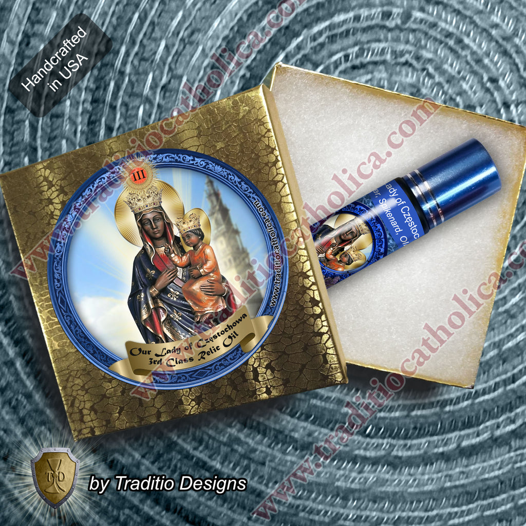Our Lady of Czestochowa Relic Anointing Oil | Touched to 9 Blessed Mother Relics | Oil or Card Set