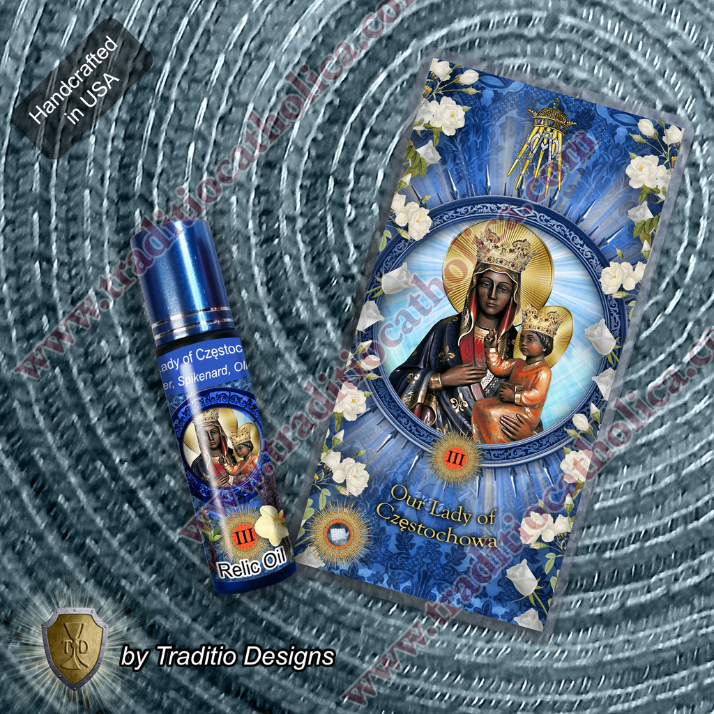 Our Lady of Czestochowa Relic Anointing Oil | Touched to 9 Blessed Mother Relics | Oil or Card Set