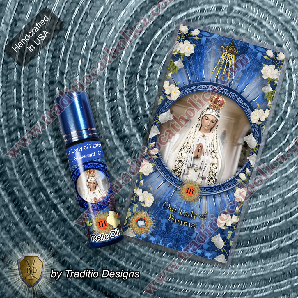 Our Lady of Fatima Relic Anointing Oil | Touched to 9 Blessed Mother Relics | Oil or Card Set
