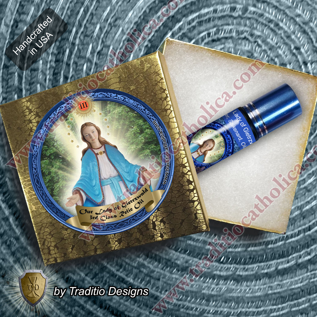 Our Lady of Gietrzwald Relic Anointing Oil | Touched to 9 Blessed Mother Relics | Oil or Card Set
