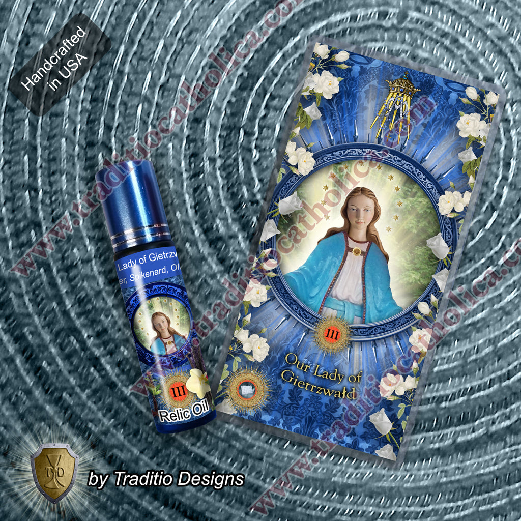 Our Lady of Gietrzwald Relic Anointing Oil | Touched to 9 Blessed Mother Relics | Oil or Card Set