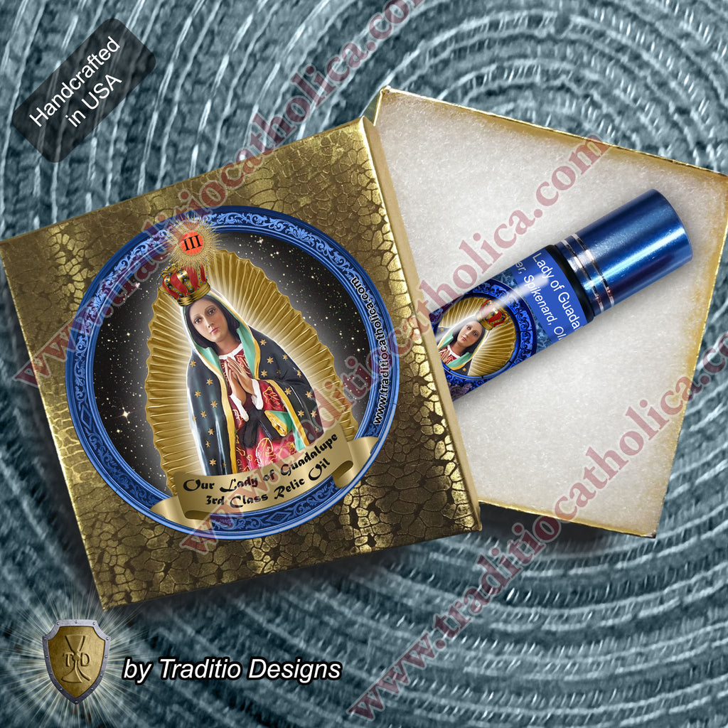Our Lady of Guadalupe Relic Anointing Oil | Touched to 9 Blessed Mother Relics | Oil or Card Set