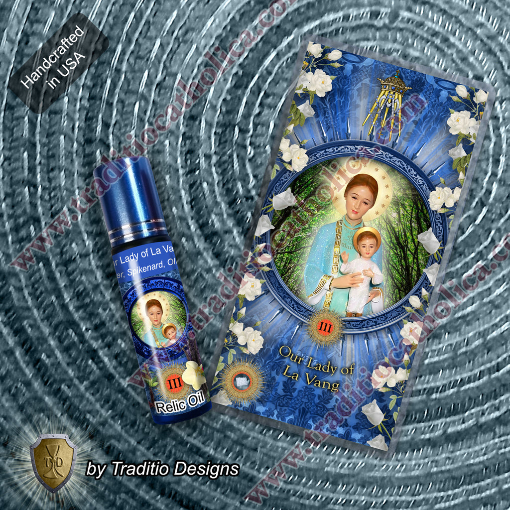 Our Lady of La Vang Relic Anointing Oil | Touched to 9 Blessed Mother Relics | Oil or Card Set