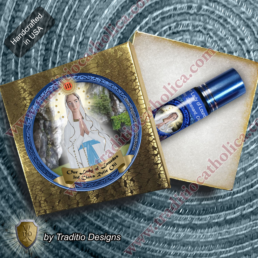 Our Lady of Lourdes Relic Anointing Oil | Touched to 9 Blessed Mother Relics | Oil or Card Set