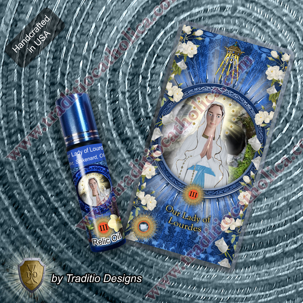Our Lady of Lourdes Relic Anointing Oil | Touched to 9 Blessed Mother Relics | Oil or Card Set