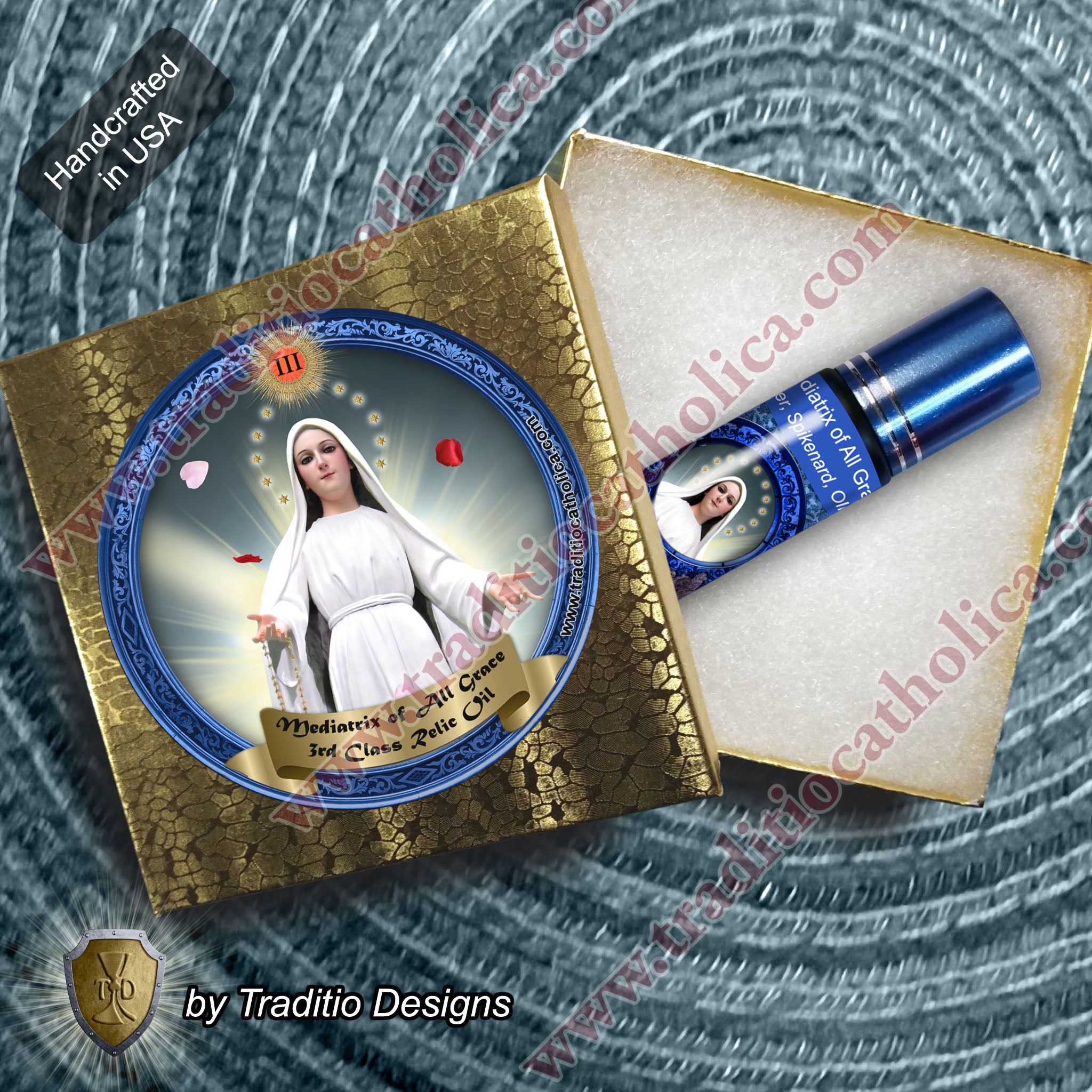 Mediatrix of All Grace Relic Anointing Oil | Touched to 9 Blessed Mother Relics | Oil or Card Set