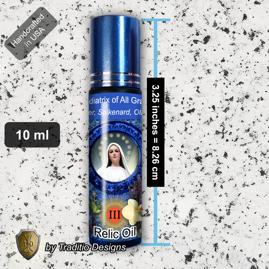 Mediatrix of All Grace Relic Anointing Oil | Touched to 9 Blessed Mother Relics | Oil or Card Set