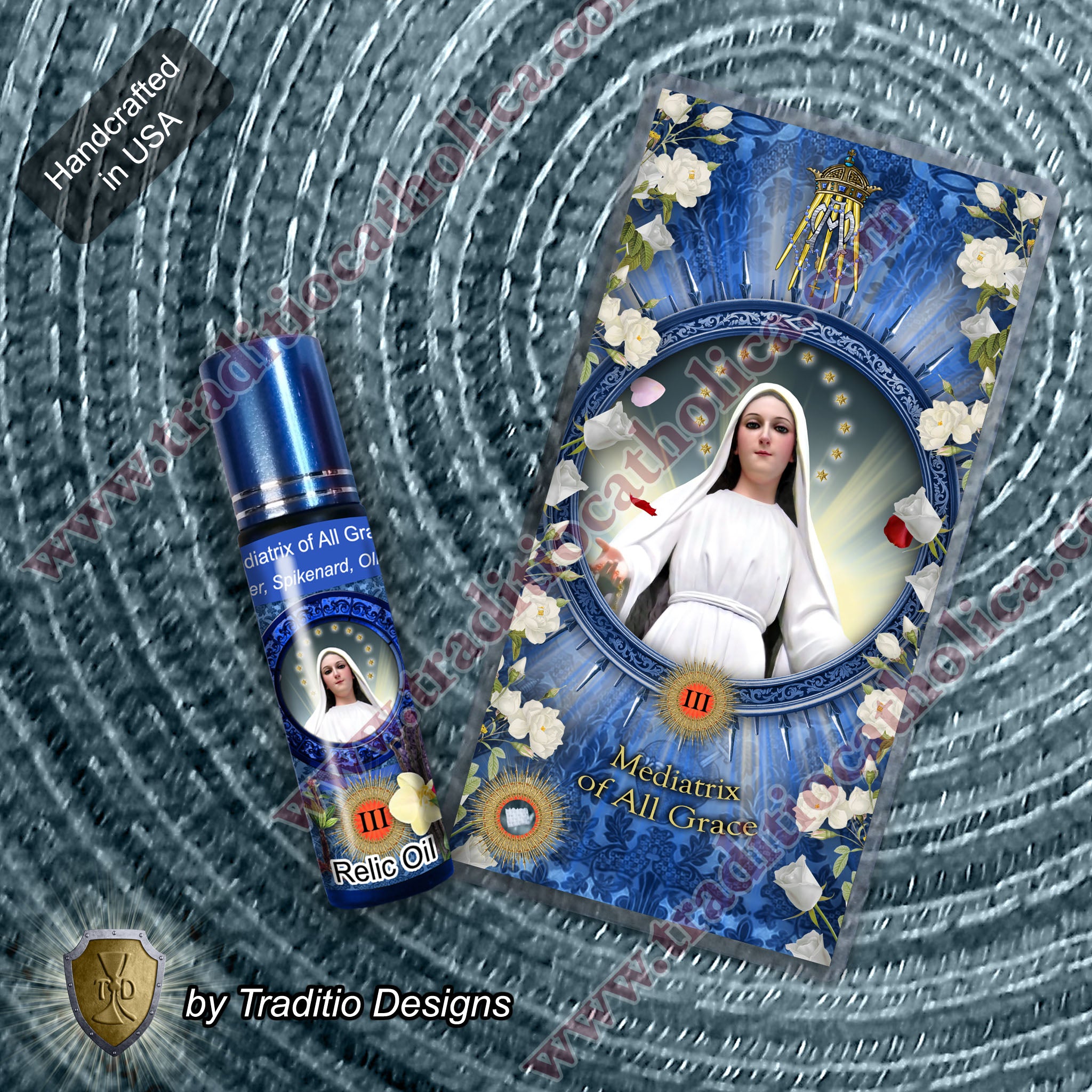 Mediatrix of All Grace Relic Anointing Oil | Touched to 9 Blessed Mother Relics | Oil or Card Set