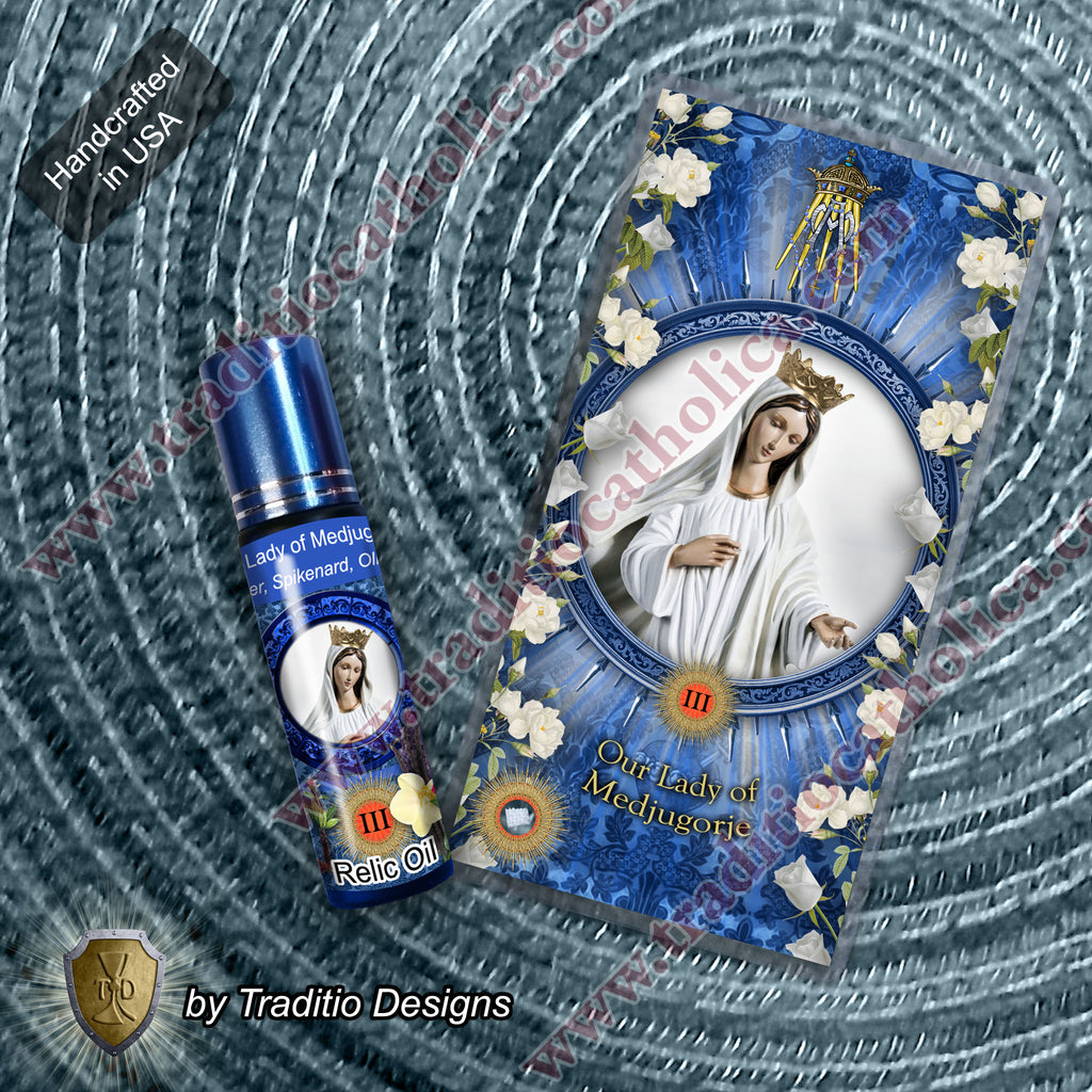 Our Lady of Medjugorje Relic Anointing Oil | Touched to 9 Blessed Mother Relics | Oil or Card Set