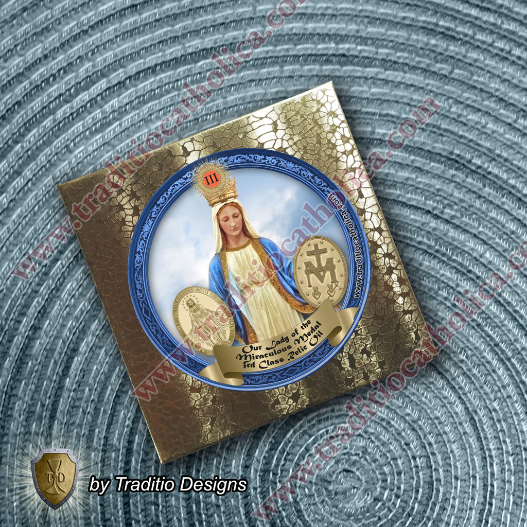 Our Lady of the Miraculous Medal Relic Anointing Oil | Touched to 9 Blessed Mother Relics | Oil or Card Set