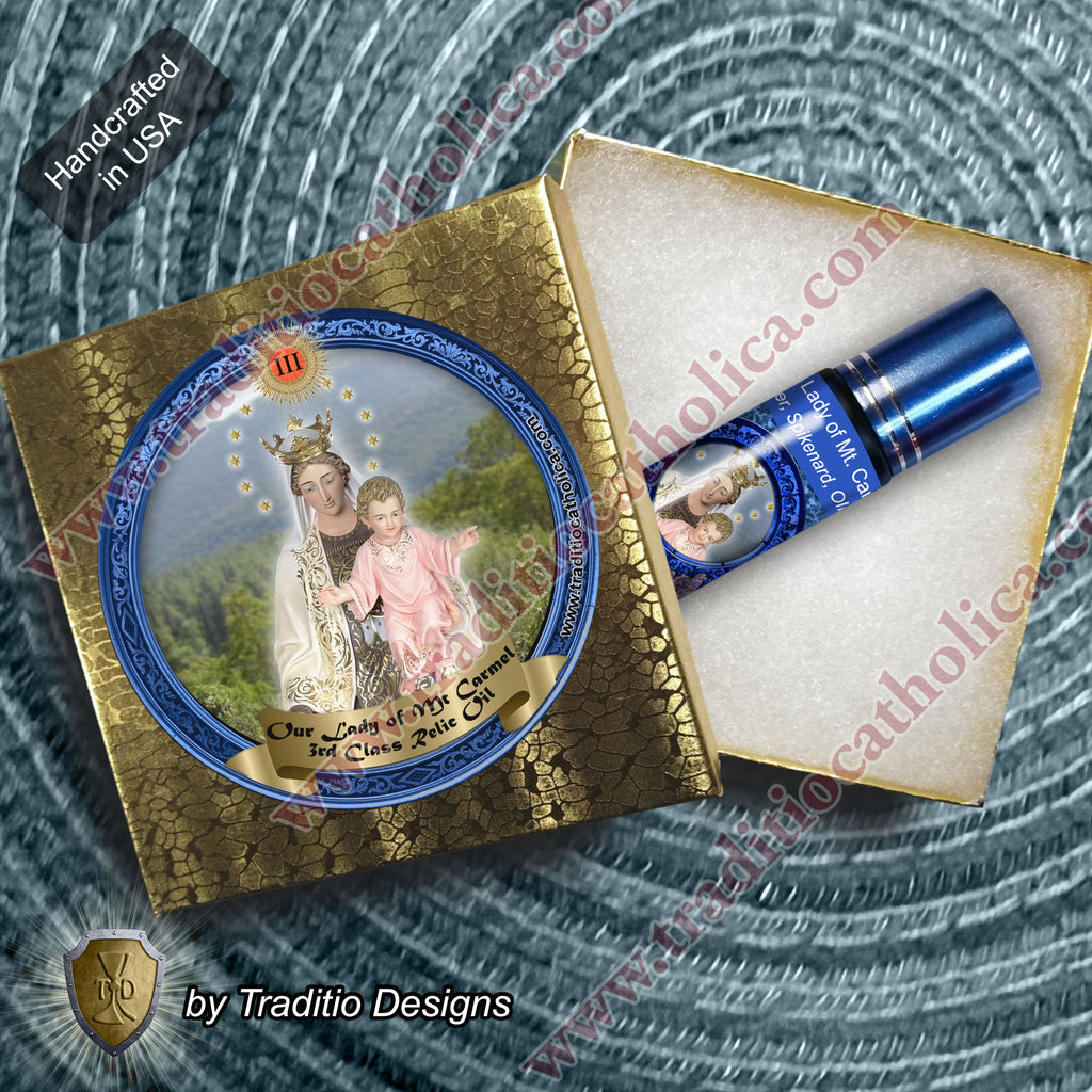 Our Lady of Mt. Carmel Relic Anointing Oil | Touched to 9 Blessed Mother Relics | Oil or Card Set