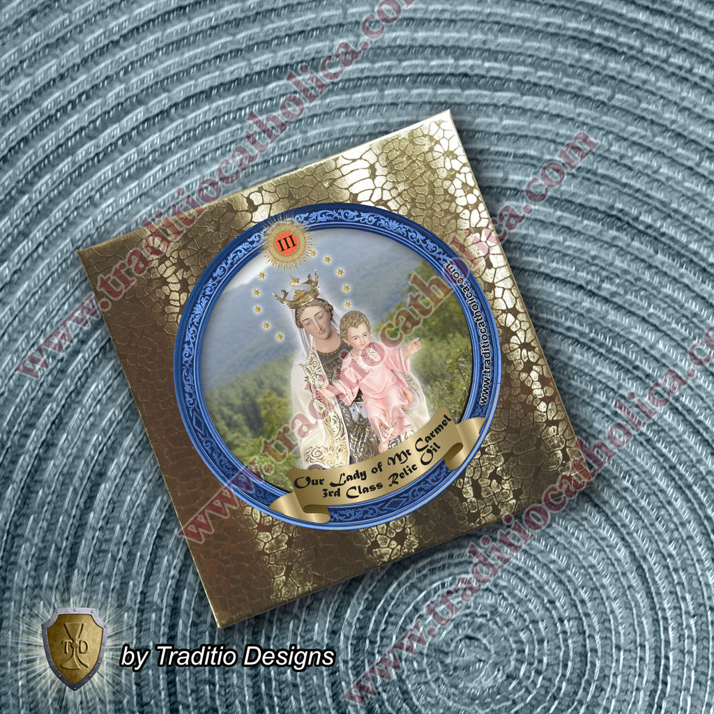 Our Lady of Mt. Carmel Relic Anointing Oil | Touched to 9 Blessed Mother Relics | Oil or Card Set