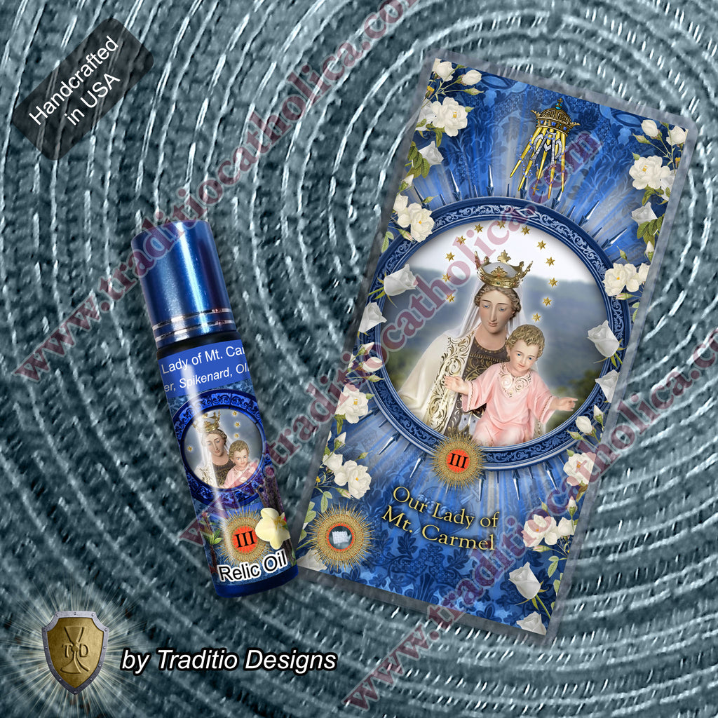 Our Lady of Mt. Carmel Relic Anointing Oil | Touched to 9 Blessed Mother Relics | Oil or Card Set