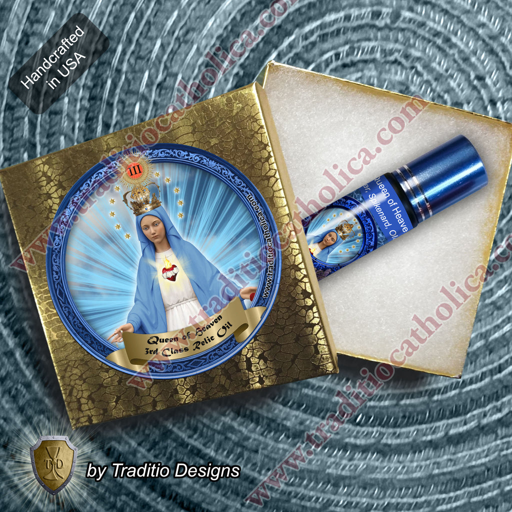 Our Lady Queen of Heaven Relic Anointing Oil | Touched to 9 Blessed Mother Relics | Oil or Card Set