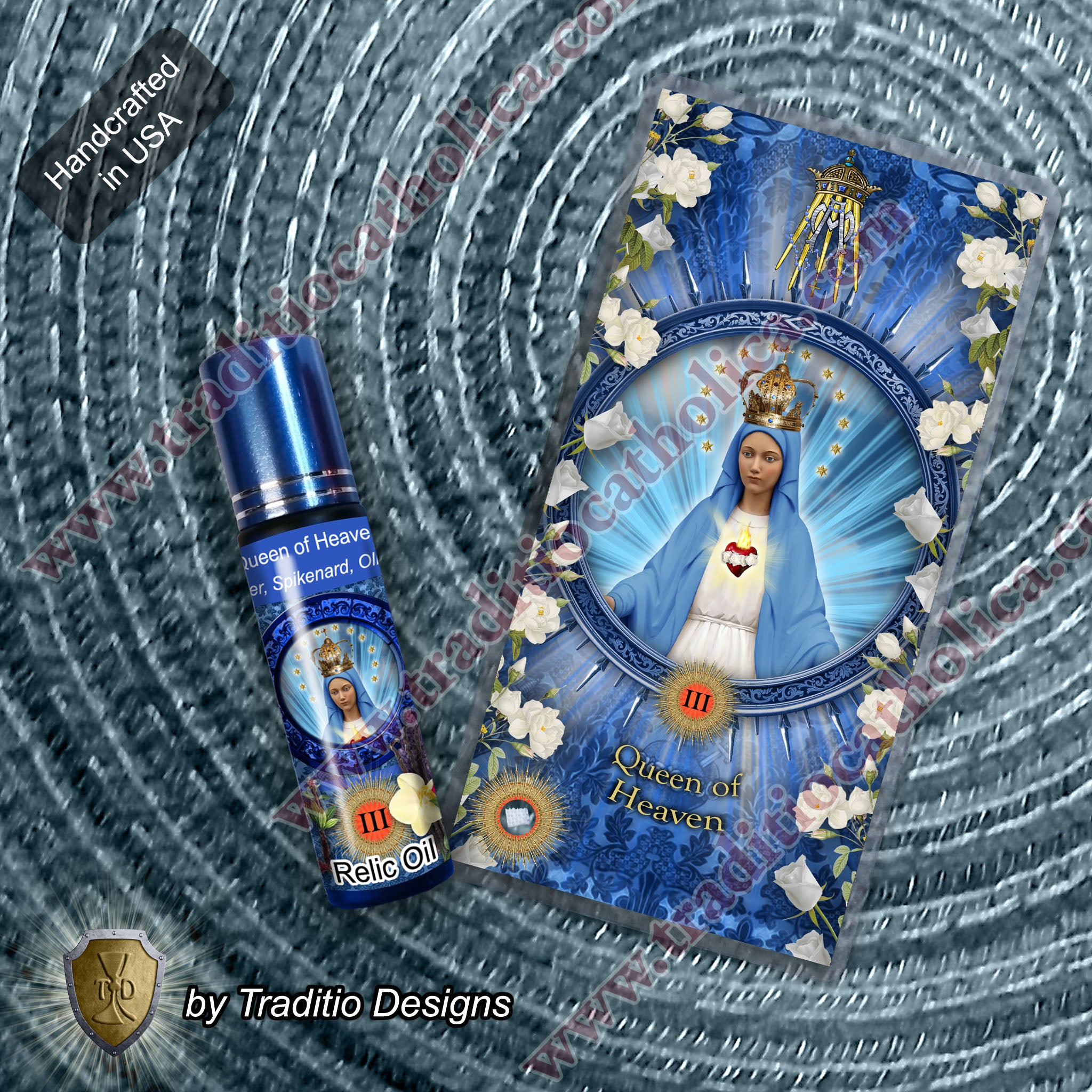 Our Lady Queen of Heaven Relic Anointing Oil | Touched to 9 Blessed Mother Relics | Oil or Card Set