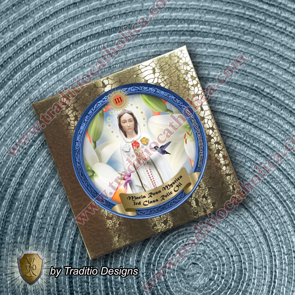 Maria Rosa Mystica Relic Anointing Oil | Touched to 9 Blessed Mother Relics | Oil or Card Set