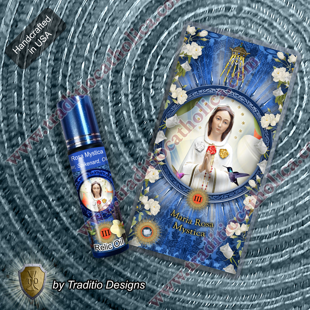 Maria Rosa Mystica Relic Anointing Oil | Touched to 9 Blessed Mother Relics | Oil or Card Set