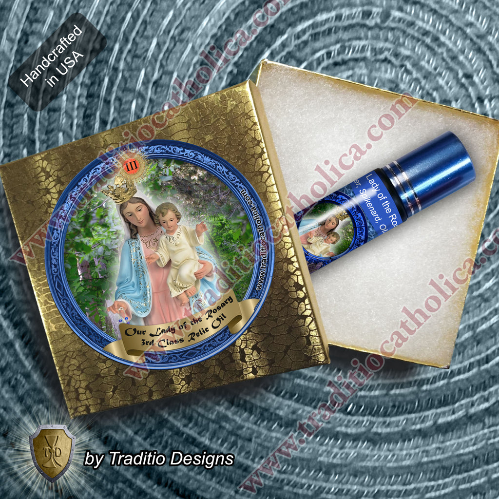 Our Lady of the Rosary Relic Anointing Oil | Touched to 9 Blessed Mother Relics | Oil or Card Set