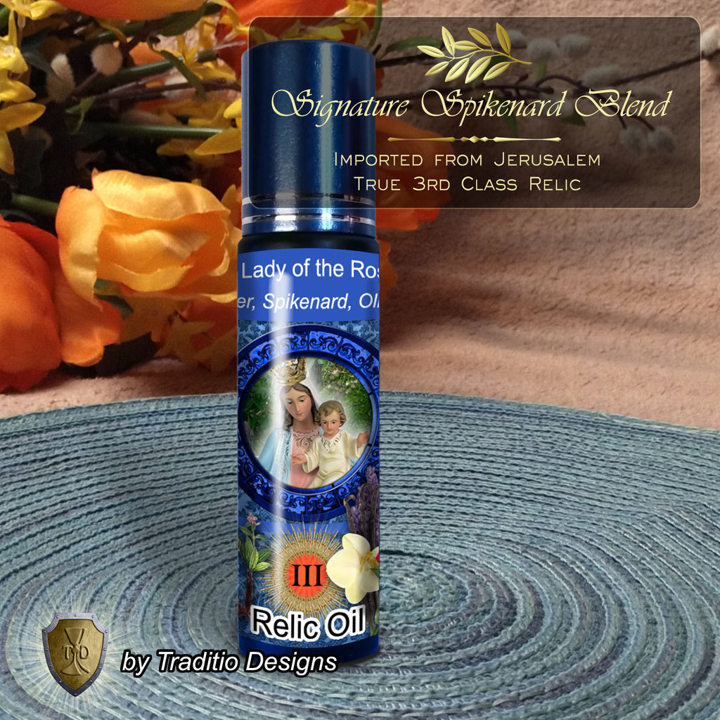 Our Lady of the Rosary Relic Anointing Oil | Touched to 9 Blessed Mother Relics | Oil or Card Set
