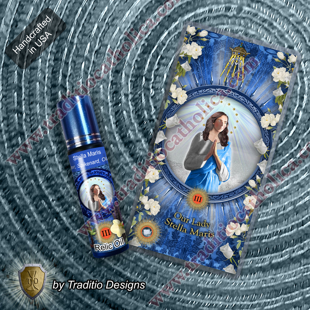 Stella Maris Relic Anointing Oil | Touched to 9 Blessed Mother Relics | Oil or Card Set