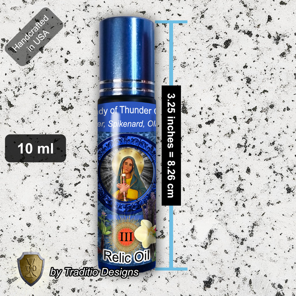 Our Lady of Thunder Candle Relic Anointing Oil | Touched to 9 Blessed Mother Relics | Oil or Card Set