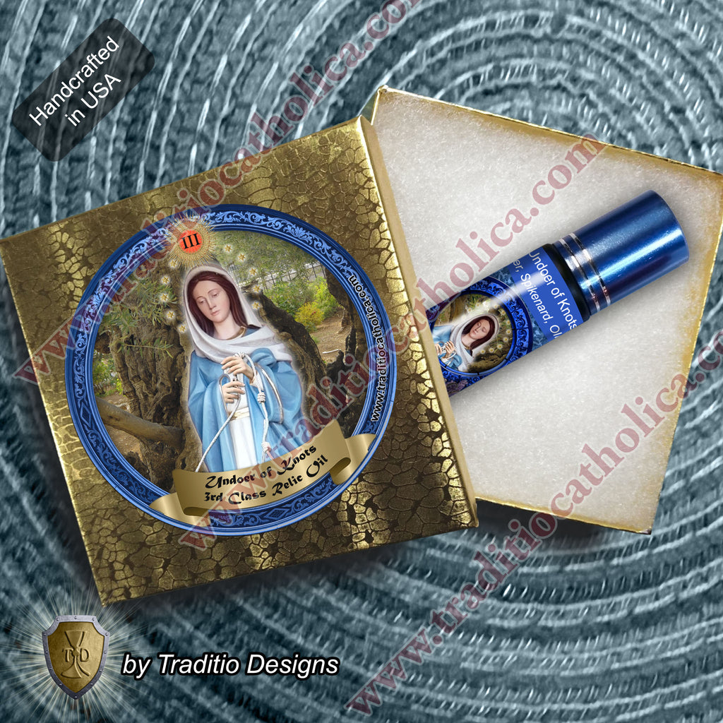 Our Lady Undoer of Knots Relic Anointing Oil | Touched to 9 Blessed Mother Relics | Oil or Card Set