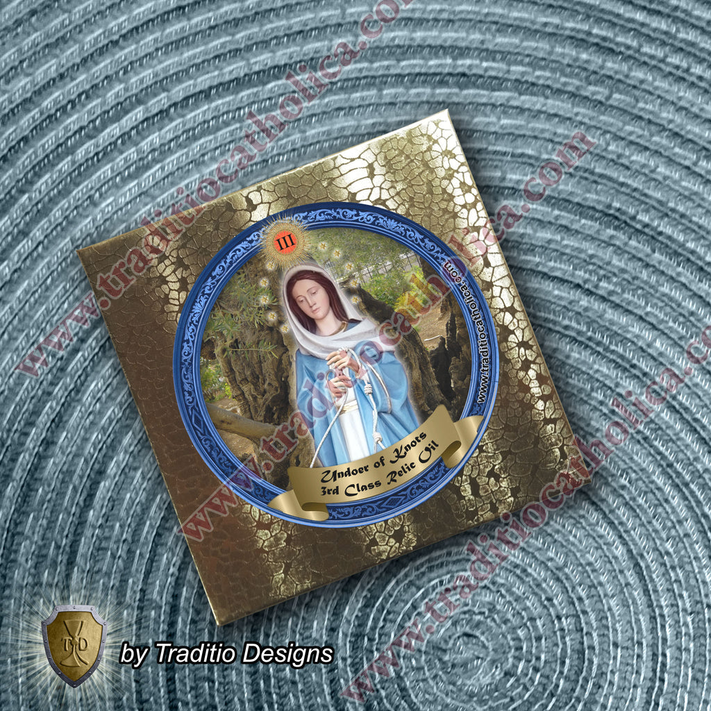 Our Lady Undoer of Knots Relic Anointing Oil | Touched to 9 Blessed Mother Relics | Oil or Card Set