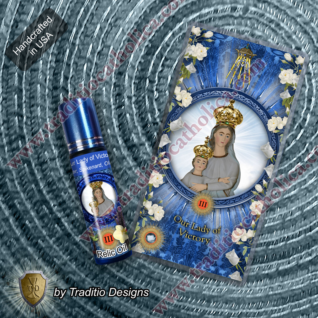 Our Lady of Victory Relic Anointing Oil | Touched to 9 Blessed Mother Relics | Oil or Card Set
