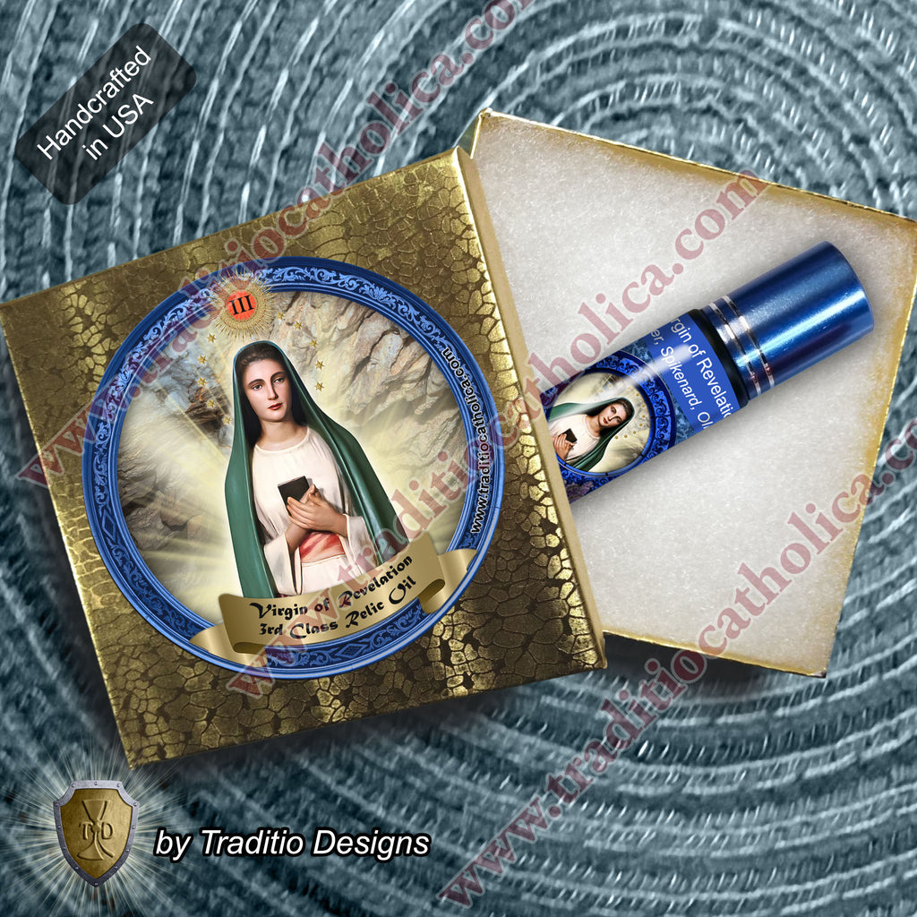 Virgin of Revelation Relic Anointing Oil | Touched to 9 Blessed Mother Relics | Oil or Card Set