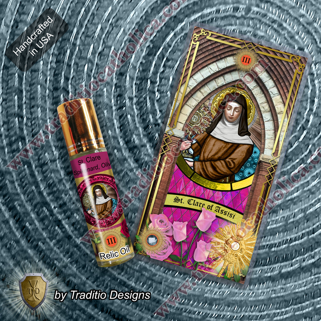 St. Clare of Assisi Relic Anointing Oil | Eye Disease & Clarity of Vision | Oil or Card Set