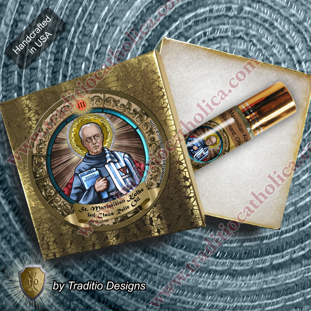 St. Maximilian Kolbe Relic Anointing Oil | Drug Addictions, Eating Disorders & Lung Disease | Oil or Card Set