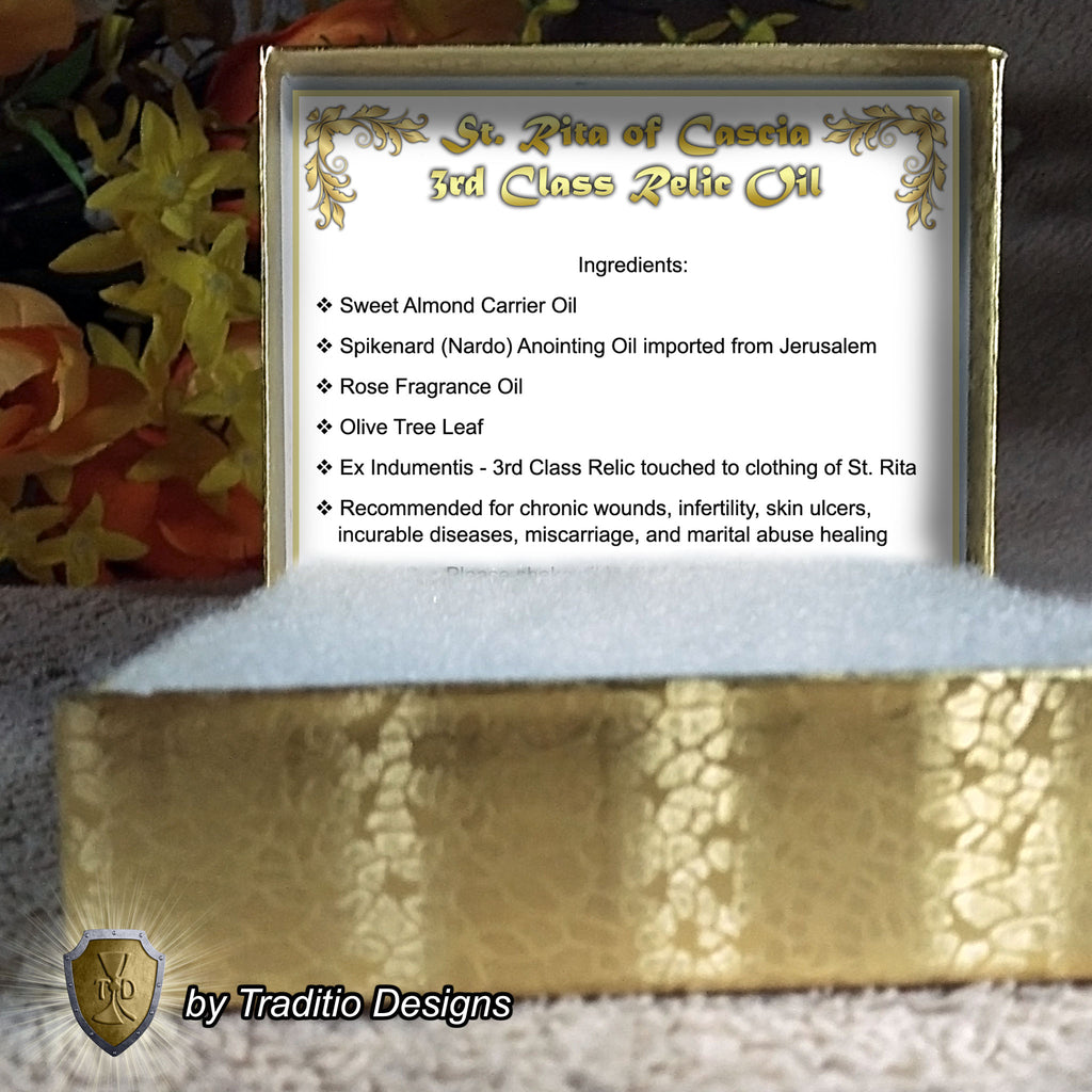 St. Rita of Cascia Relic Anointing Oil | Infertility, Chronic Wounds & Marital Abuse Healing | Oil or Card Set