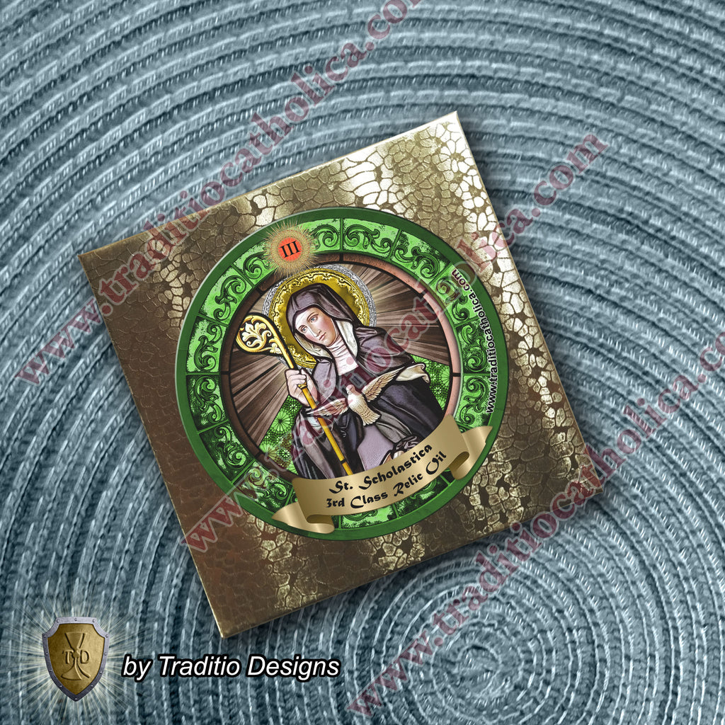St. Scholastica Relic Anointing Oil | Convulsions in Children, Asthma & Learning Disabilities | Oil or Card Set