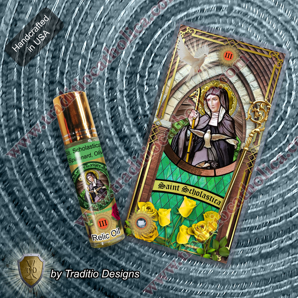 St. Scholastica Relic Anointing Oil | Convulsions in Children, Asthma & Learning Disabilities | Oil or Card Set