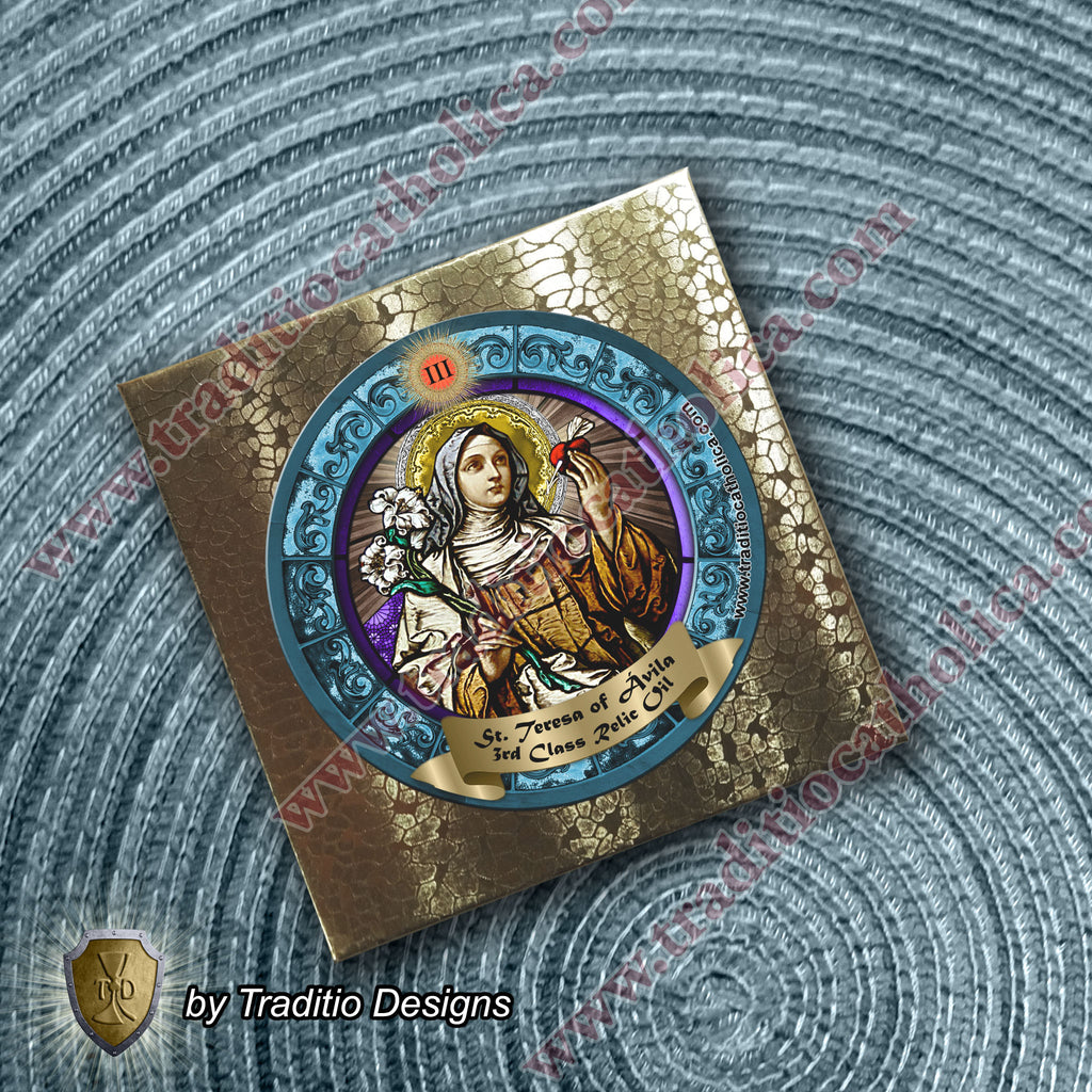 St. Teresa of Ávila Relic Anointing Oil | Headaches, Cardiac Conditions & Digestive Ailments | Oil or Card Set
