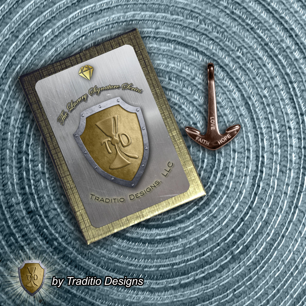 St. Philomena 18K Rose Gold Anchor Pendant & 4mm Curb Chain | Faith, Hope, Love | Traditio Designs Exclusive