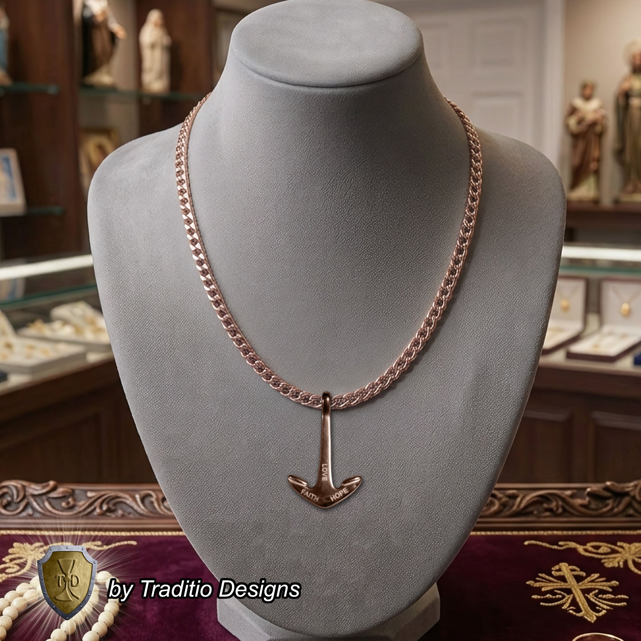 St. Philomena 18K Rose Gold Anchor Pendant & 4mm Curb Chain | Faith, Hope, Love | Traditio Designs Exclusive