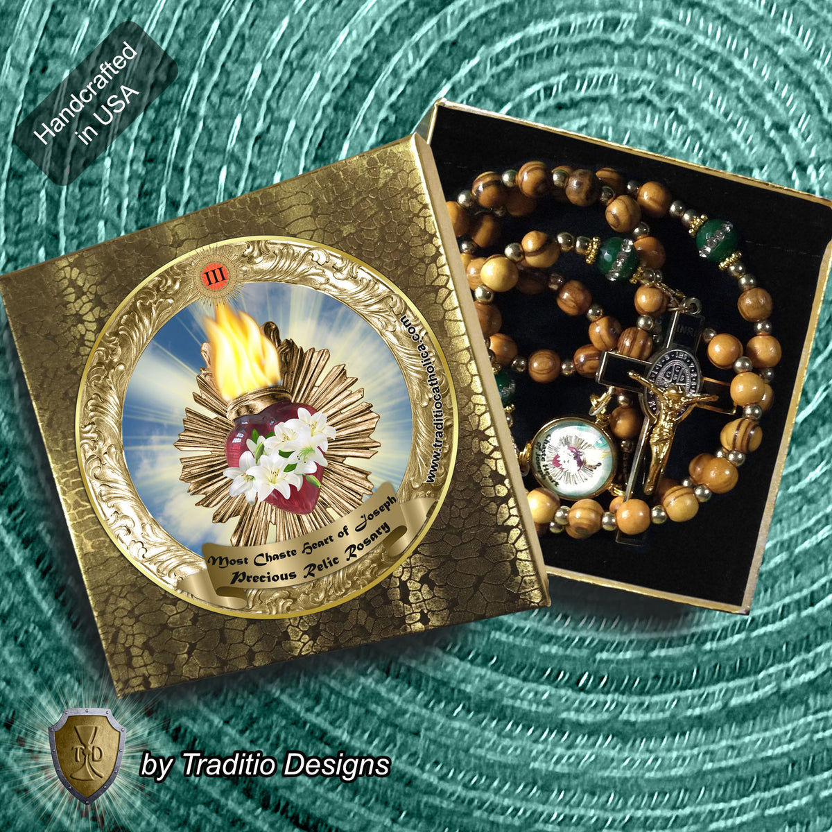Most Chaste Heart of Joseph Limited Edition Classic Relic Rosary | 18K Gold & Bethlehem Olive Wood | Protection of Families & Provision | Emerald Green Jade | 3rd Class Relic