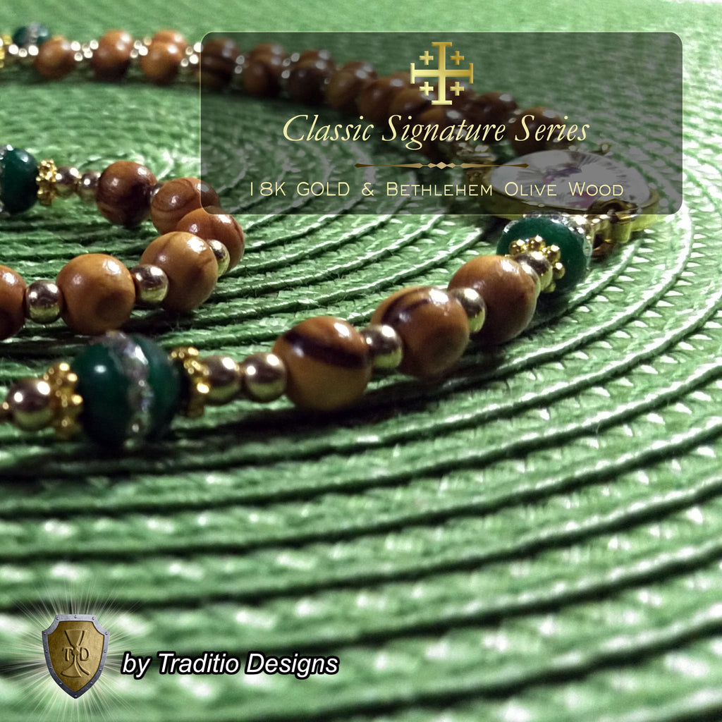 Most Chaste Heart of Joseph Limited Edition Classic Relic Rosary | 18K Gold & Bethlehem Olive Wood | Protection of Families & Provision | Emerald Green Jade | 3rd Class Relic