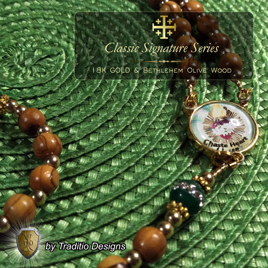 Most Chaste Heart of Joseph Limited Edition Classic Relic Rosary | 18K Gold & Bethlehem Olive Wood | Protection of Families & Provision | Emerald Green Jade | 3rd Class Relic