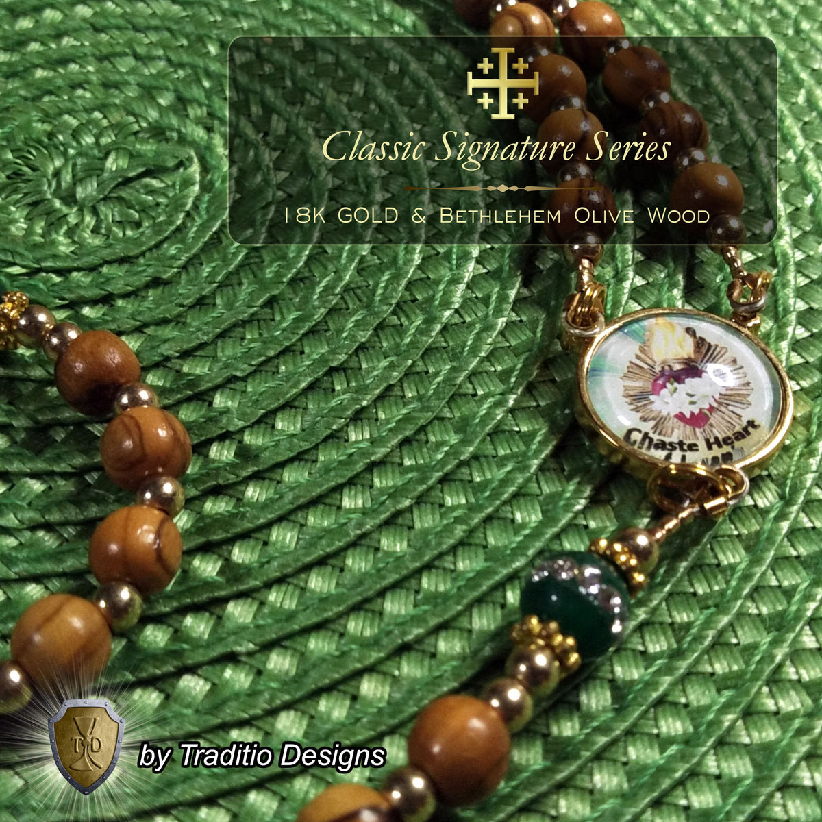 Most Chaste Heart of Joseph Limited Edition Classic Relic Rosary | 18K Gold & Bethlehem Olive Wood | Protection of Families & Provision | Emerald Green Jade | 3rd Class Relic