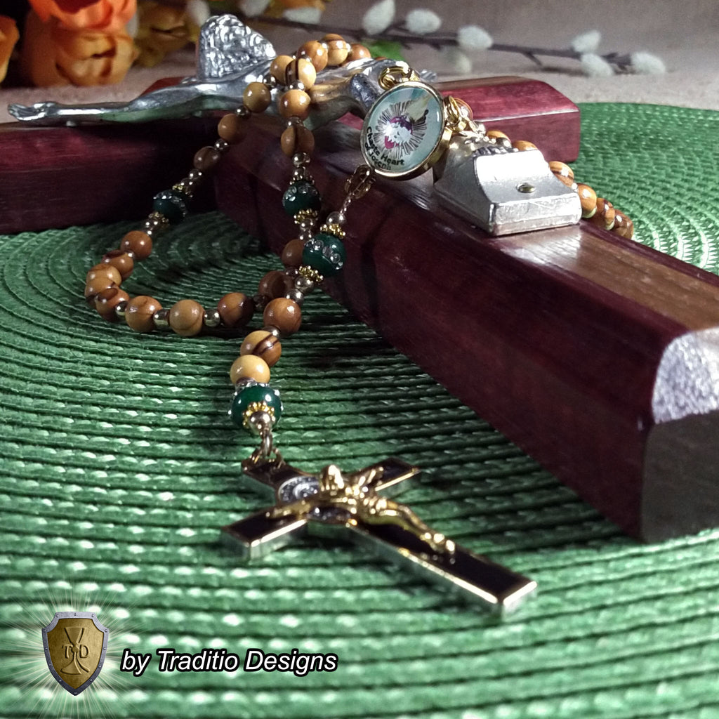 Most Chaste Heart of Joseph Limited Edition Classic Relic Rosary | 18K Gold & Bethlehem Olive Wood | Protection of Families & Provision | Emerald Green Jade | 3rd Class Relic