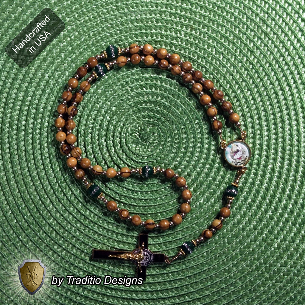 Most Chaste Heart of Joseph Limited Edition Classic Relic Rosary | 18K Gold & Bethlehem Olive Wood | Protection of Families & Provision | Emerald Green Jade | 3rd Class Relic