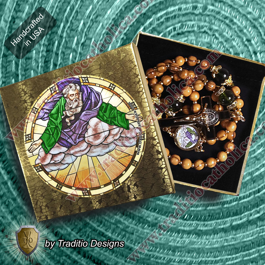 God the Father Limited Edition Classic Rosary | 18K Yellow Gold | Bethlehem Olive Wood & Green Peridot | 1741 St. Benedict Crucifix