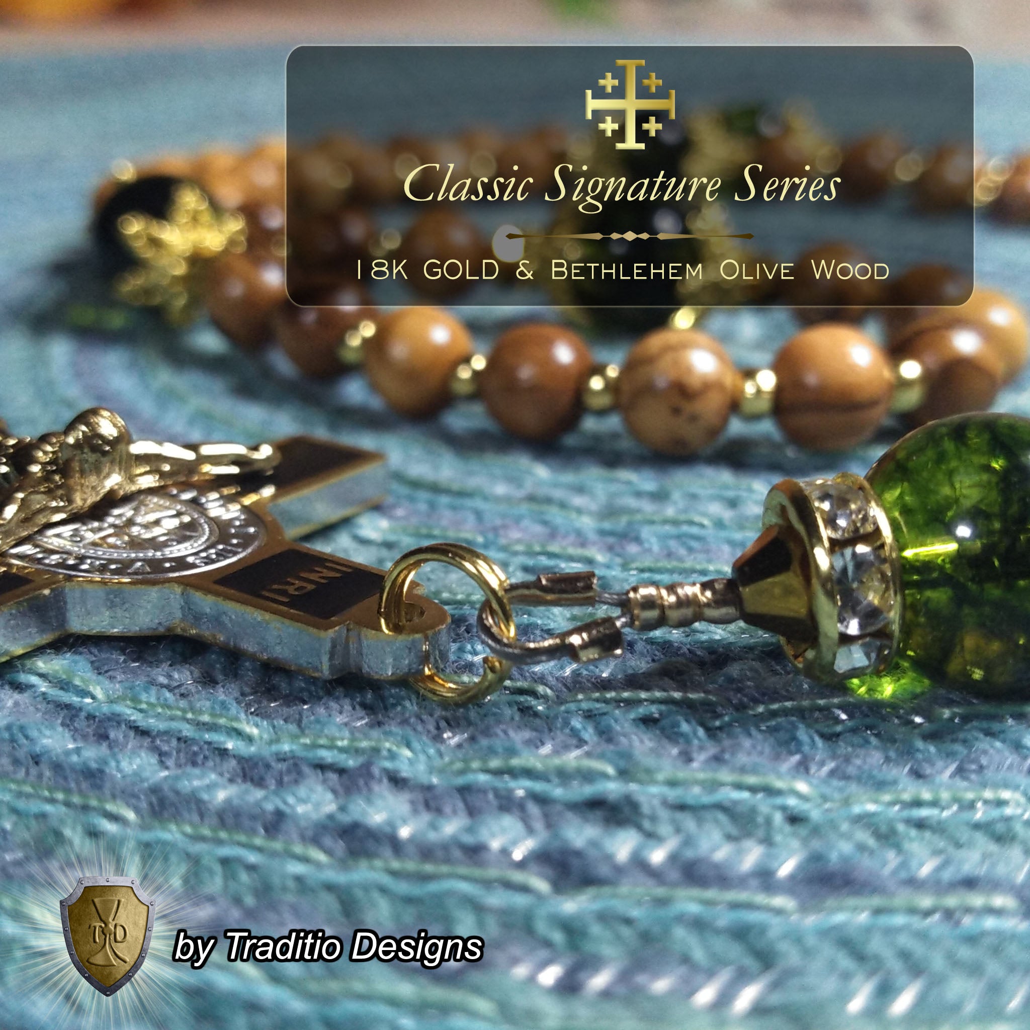 God the Father Limited Edition Classic Rosary | 18K Yellow Gold | Bethlehem Olive Wood & Green Peridot | 1741 St. Benedict Crucifix