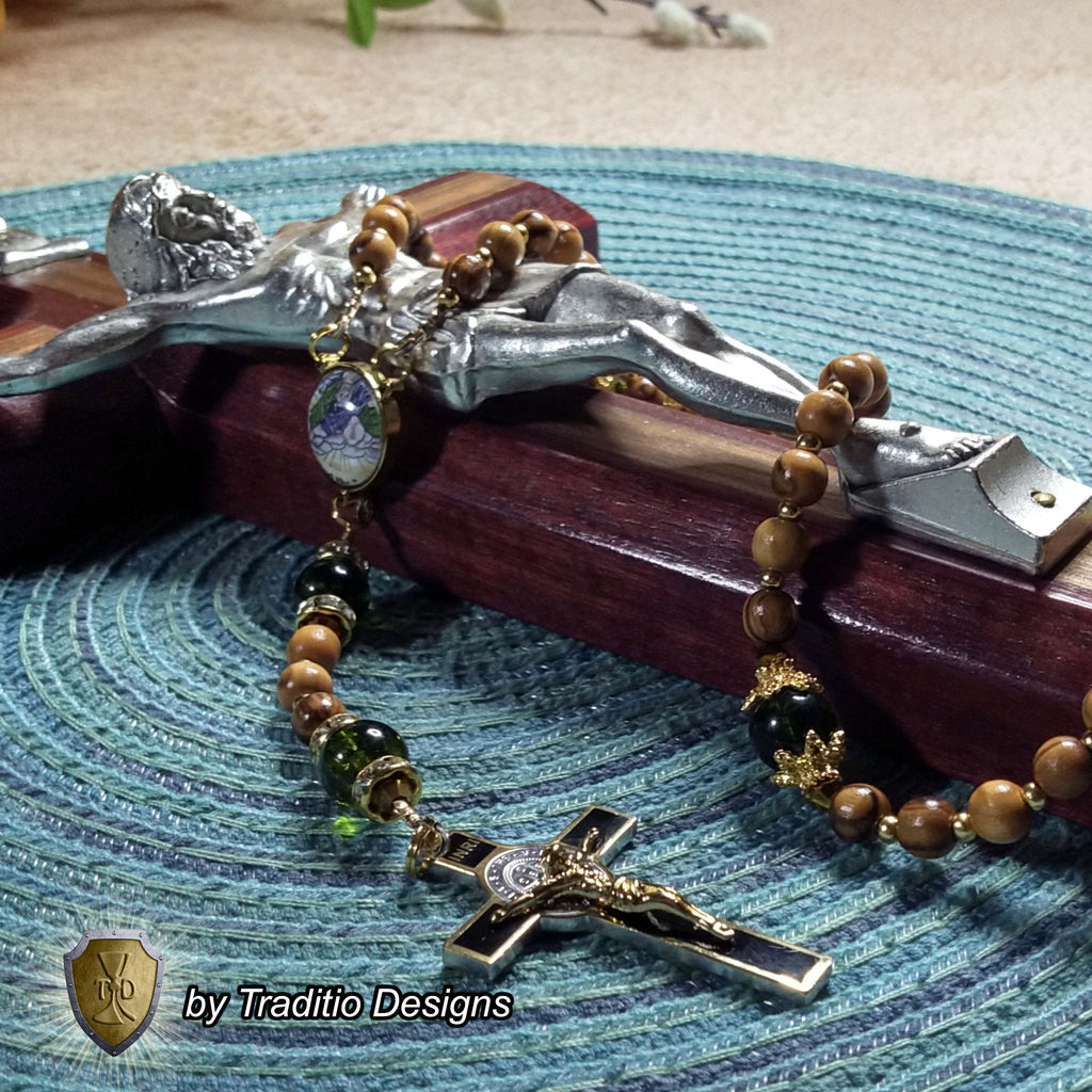 God the Father Limited Edition Classic Rosary | 18K Yellow Gold | Bethlehem Olive Wood & Green Peridot | 1741 St. Benedict Crucifix