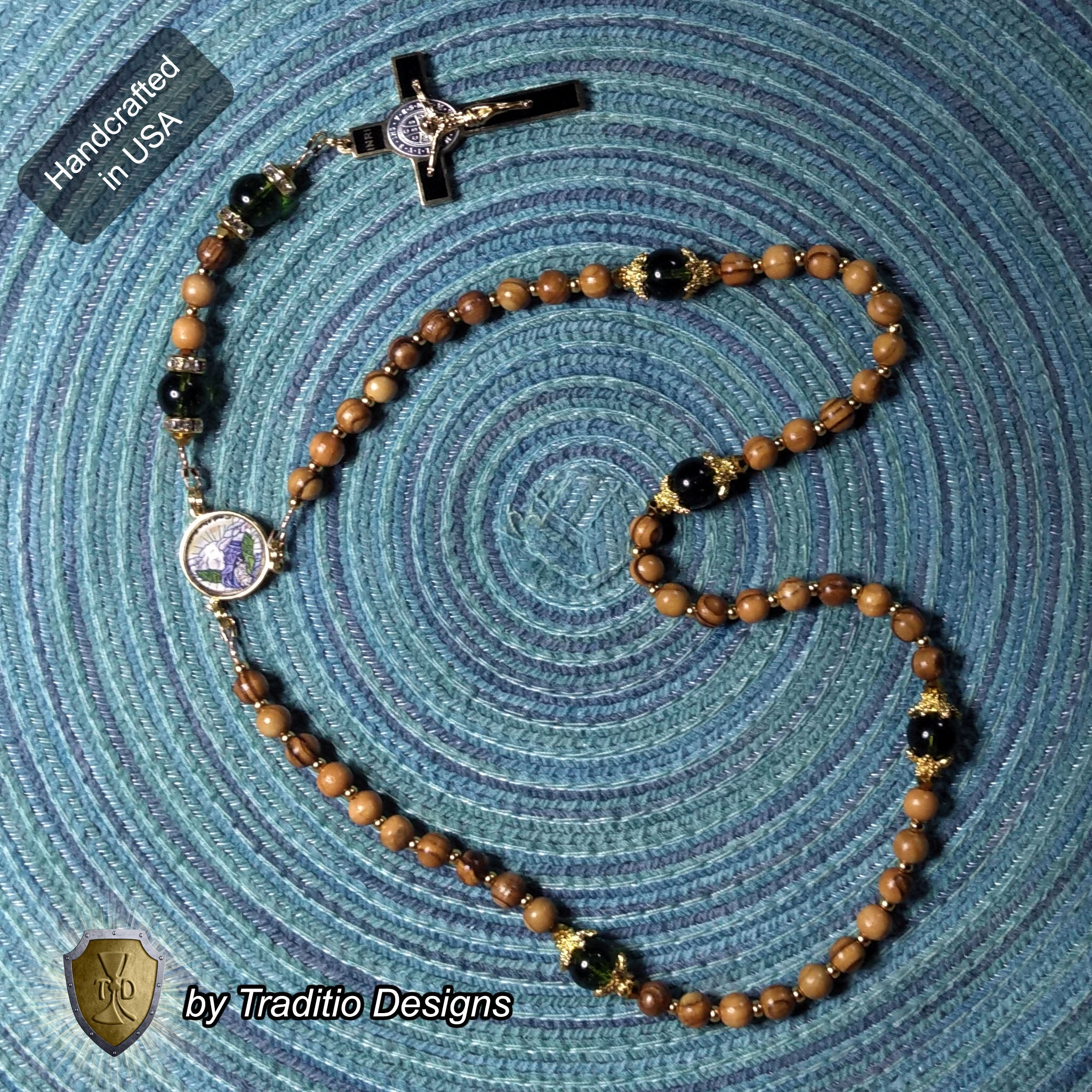 God the Father Limited Edition Classic Rosary | 18K Yellow Gold | Bethlehem Olive Wood & Green Peridot | 1741 St. Benedict Crucifix