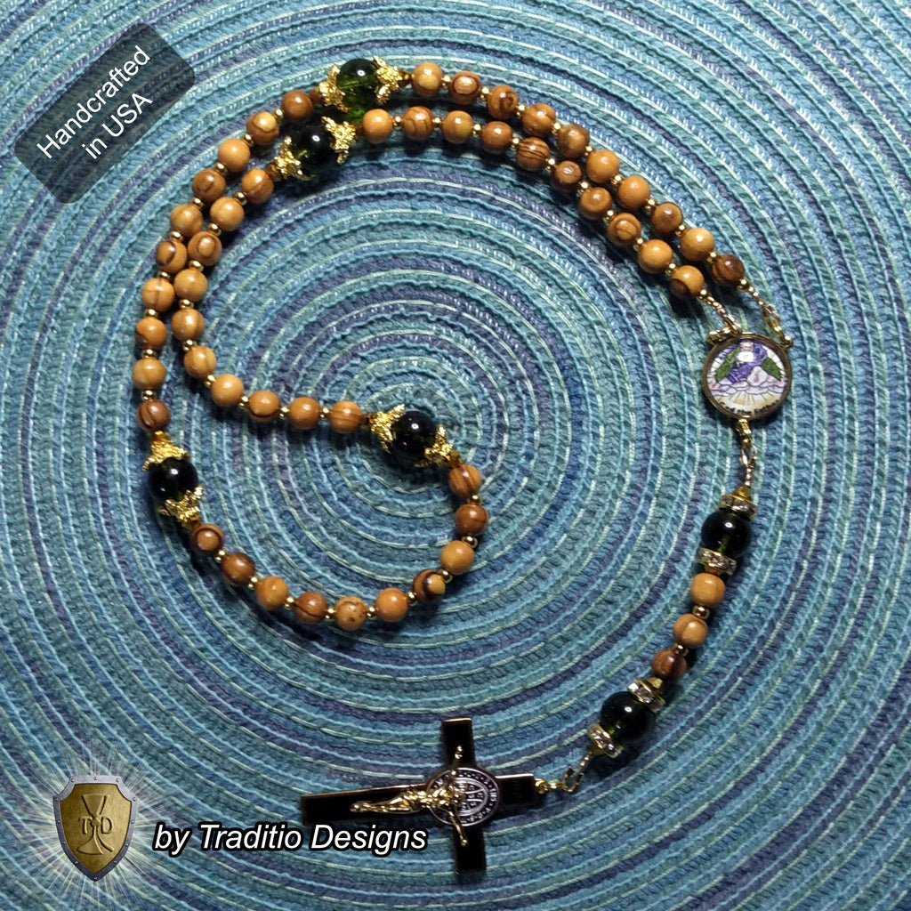 God the Father Limited Edition Classic Rosary | 18K Yellow Gold | Bethlehem Olive Wood & Green Peridot | 1741 St. Benedict Crucifix