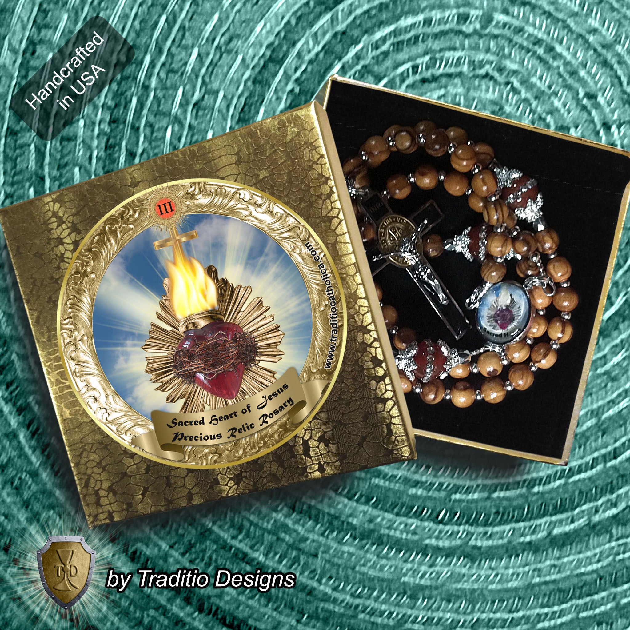 Sacred Heart Limited Edition Classic Relic Rosary | 18K Gold & Silver | Bethlehem Olive Wood & Ruby Jade | 3rd Class Relic of Our Lord (21 Touch-Points)