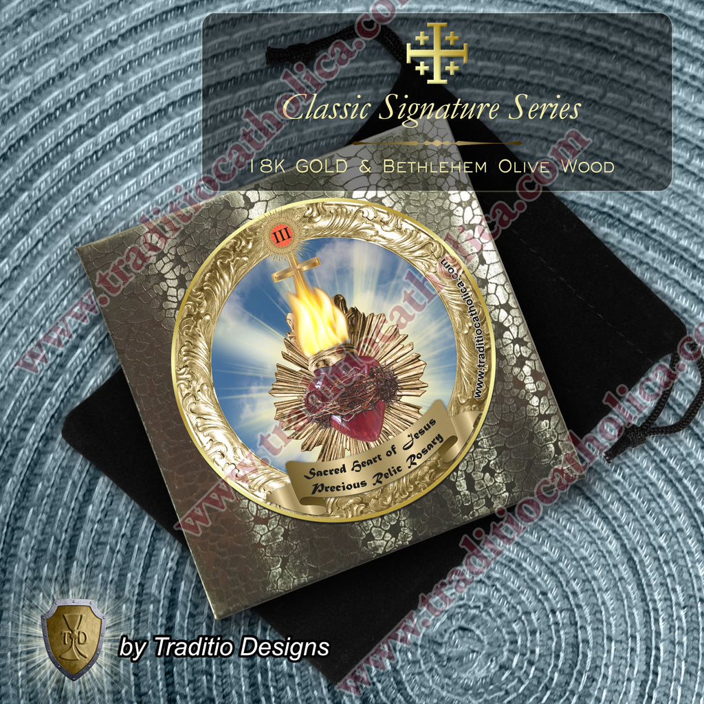 Sacred Heart Limited Edition Classic Relic Rosary | 18K Gold & Silver | Bethlehem Olive Wood & Ruby Jade | 3rd Class Relic of Our Lord (21 Touch-Points)